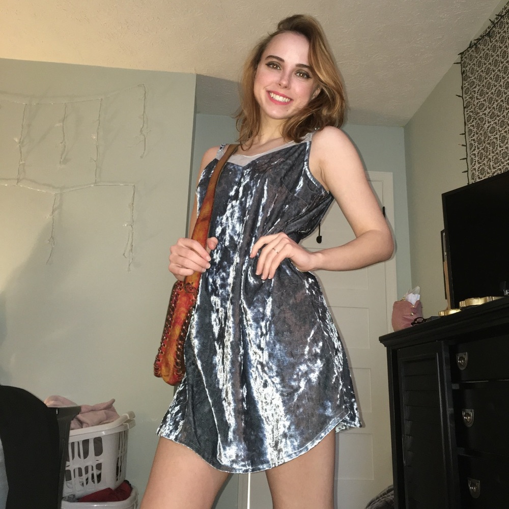 Sexy Gray/Silver Velvet Mesh Dress - Picture 3 of 6